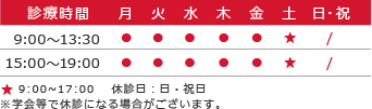 診療時間 9:00〜13:30 15:00〜19:00 土曜 9:00~17:00 　休診日：日・祝日 ※学会等で休診になる場合がございます。